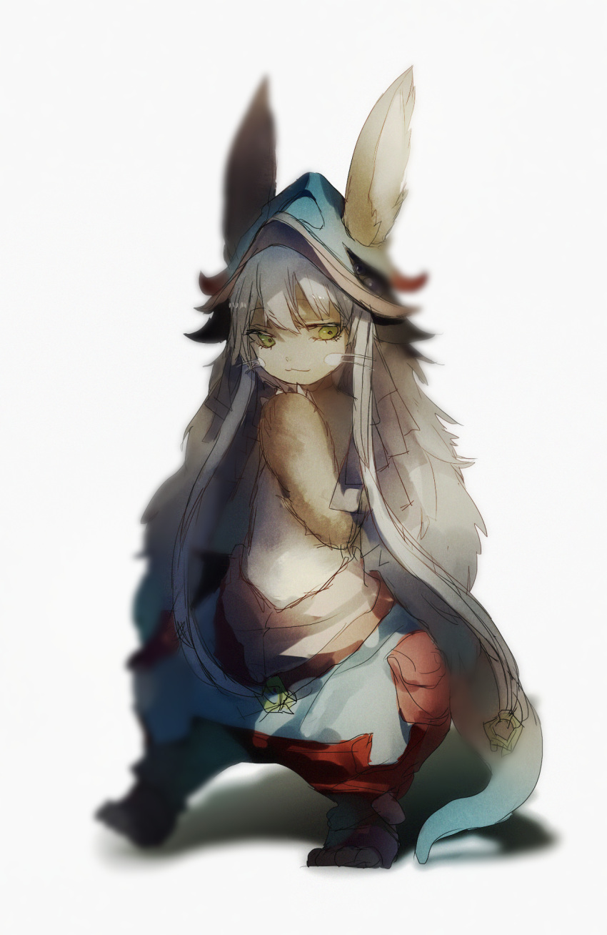 1girl 1other animal_ears blurry closed_mouth cui_(jidanhaidaitang) depth_of_field ears_through_headwear full_body furry green_eyes grey_hair hand_up helmet highres horizontal_pupils looking_at_viewer made_in_abyss nanachi_(made_in_abyss) pants puffy_pants rabbit_ears simple_background solo standing tail whiskers white_background white_hair yellow_eyes