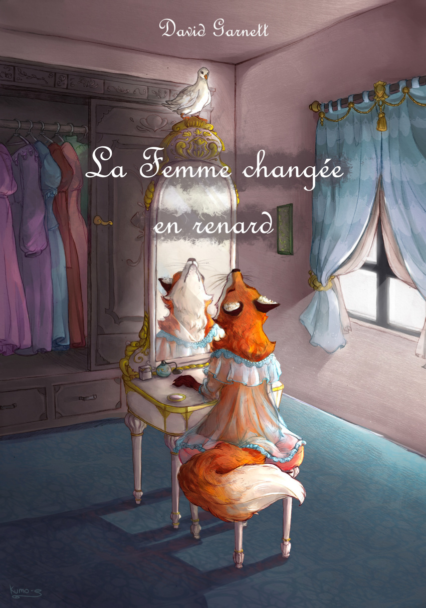 after_transformation avian bedroom bird bloomellaa canid canine clothed clothing cover cover_art curtains dress female feral fox french_text fur furniture hi_res inside lady_into_fox looking_up makeup mammal mirror orange_body orange_fur perfume reflection sitting solo table text translucent translucent_clothing victorian wardrobe whiskers wife window