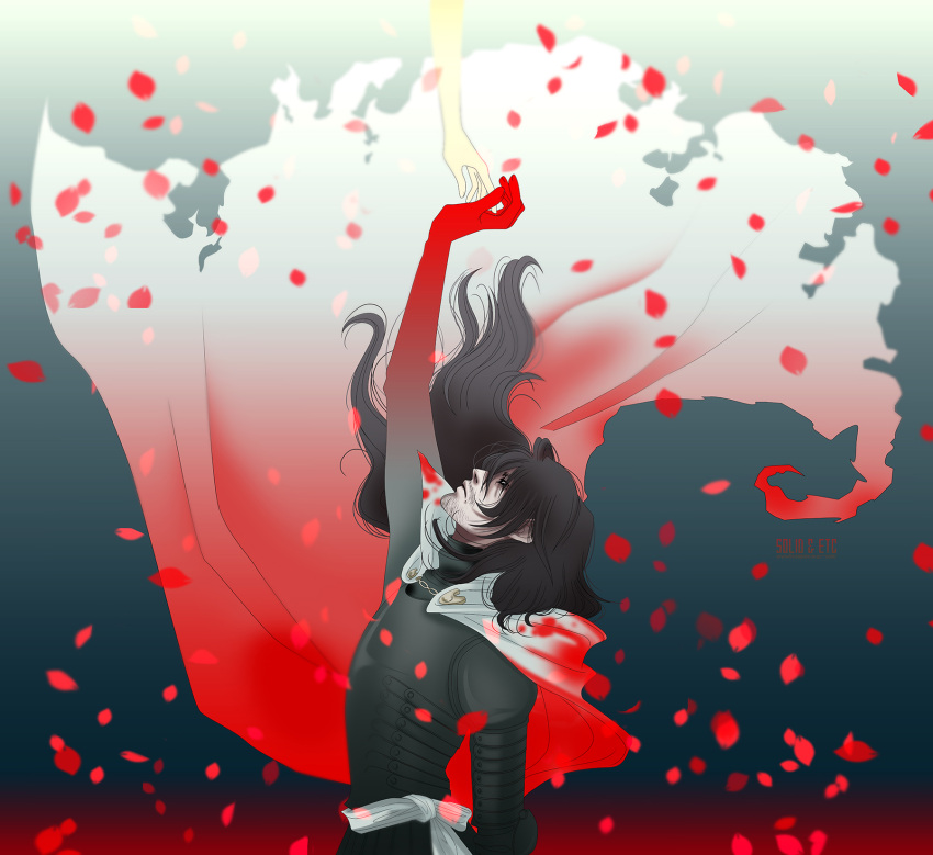 1boy 1other alucard_(hellsing) arm_up armor black_eyeshadow black_hair cape eyeshadow facial_hair goatee hellsing highres long_hair makeup male_focus petals reaching torn_cape torn_clothes toshimichi_yukari vlad_tepes_(hellsing) wavy_hair white_cape