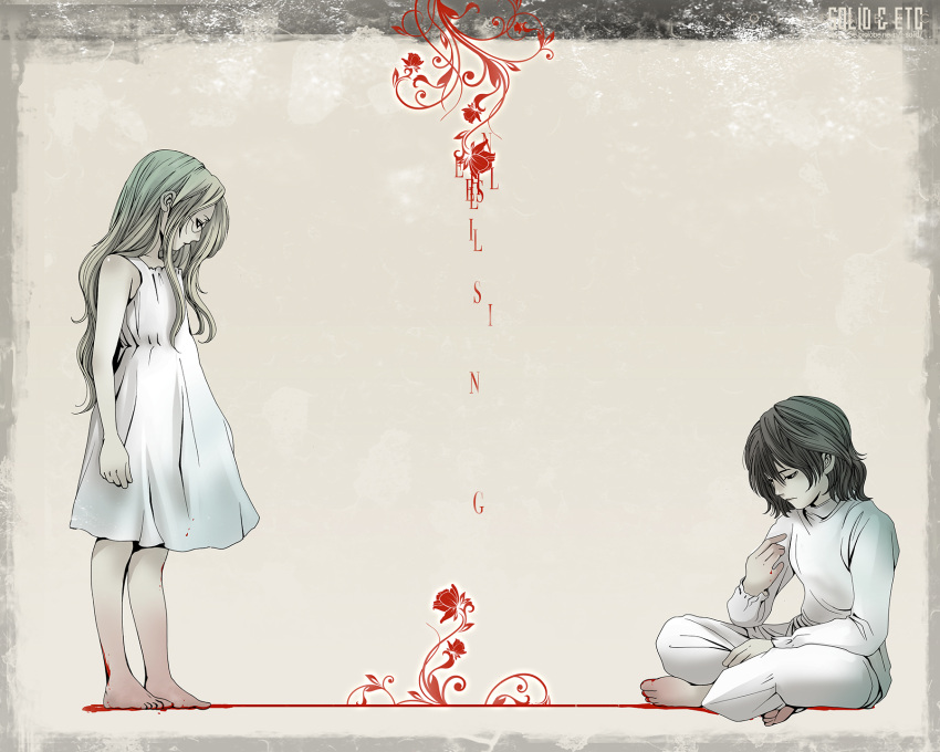 1boy 1girl aged_down alucard_(hellsing) artist_name black_hair blonde_hair child dress glasses hellsing highres indian_style integra_hellsing medium_dress sitting toshimichi_yukari web_address white_dress