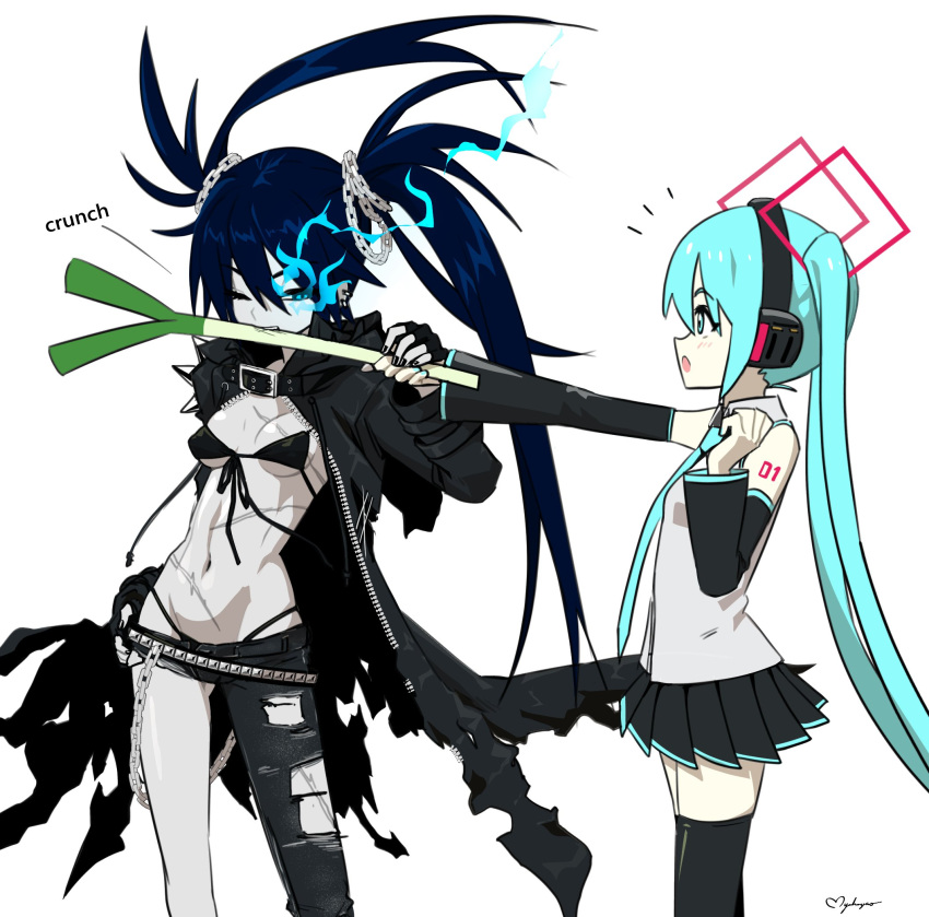 2girls :o aqua_eyes aqua_hair belt bikini black_bikini black_gloves black_hair black_jacket black_nails black_rock_shooter black_rock_shooter_(character) black_skirt black_thighhighs blue_eyes breasts chain collared_shirt commentary detached_sleeves eating english_commentary fingerless_gloves food from_side front-tie_bikini_top front-tie_top gloves hatsune_miku headphones highleg highleg_bikini highres holding holding_food jacket long_hair miku_day mmmalice multiple_girls navel one_eye_closed open_clothes open_jacket pale_skin pants pleated_skirt profile scar scar_on_chest scar_on_stomach shirt signature single_bare_leg skirt sleeveless sleeveless_shirt small_breasts spring_onion swimsuit thighhighs torn_clothes torn_pants twintails vocaloid white_shirt zipper
