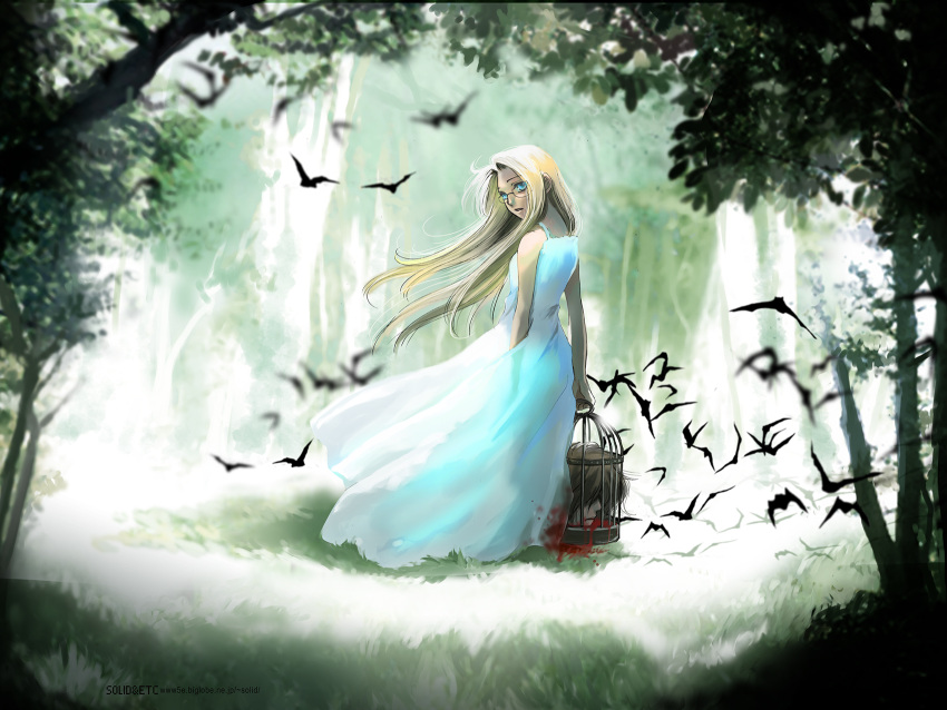 1girl alucard_(hellsing) artist_name bat_(animal) blonde_hair blood blue_eyes cage dark-skinned_female dark_skin dress forest from_behind grass hellsing highres holding holding_cage integra_hellsing long_dress long_hair looking_back nature severed_head toshimichi_yukari tree web_address white_dress