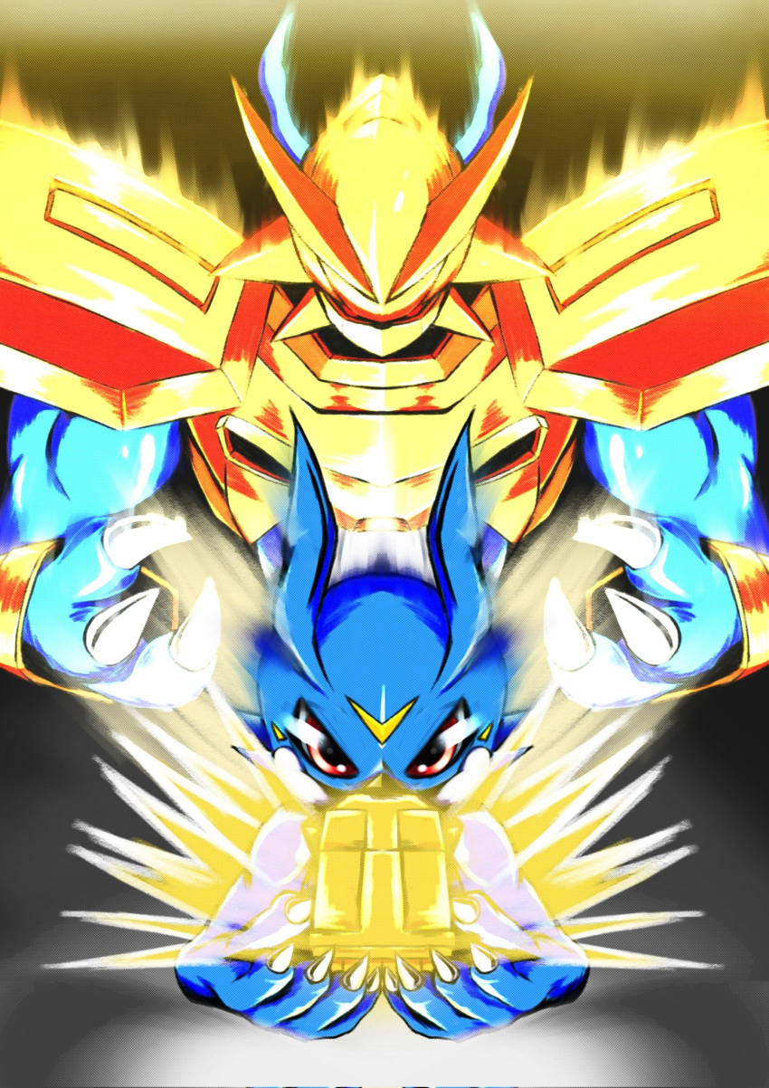 armor covering_face digimental_of_miracles digimon digimon_adventure_02 dragon evolutionary_line fewer_digits fingernails glowing gold_armor highres holding hudie_jun long_fingernails looking_at_viewer magnamon red_eyes shoulder_armor upper_body v-mon