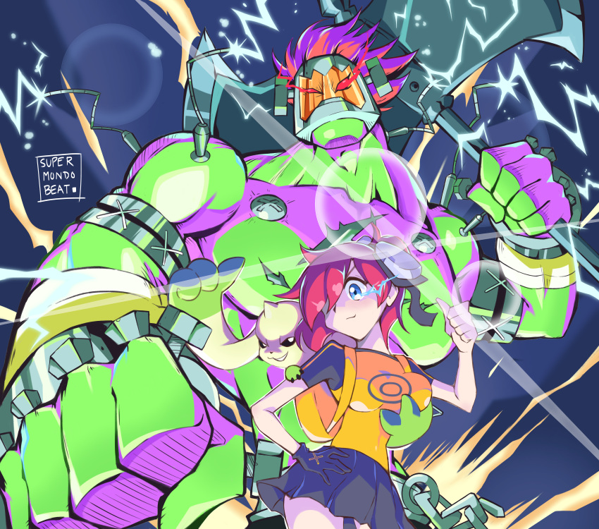 1girl 2boys absurdres aiba_ami artist_name axe black_skirt blue_eyes bolt boltmon chain colored_skin digimon digimon_story:_cyber_sleuth electricity glowing glowing_eyes goggles goggles_on_head grabbing grabbing_another's_breast green_skin highres holding holding_weapon horns mask medium_hair multiple_boys red_eyes red_hair scar shirt side_ponytail single_horn skirt smirk supermondobeat terriermon thumbs_up topless_male weapon yellow_shirt