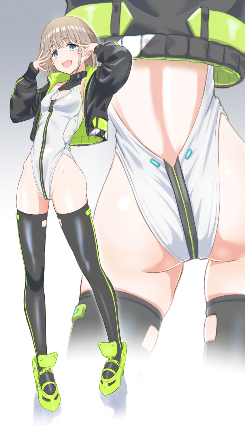 1girl alice_gear_aegis ass black_jacket black_thighhighs blue_eyes breasts circle_cutout cleavage_cutout clothing_cutout companion/af cosplay covered_collarbone front_zipper full-length_zipper full_body head_out_of_frame highleg highleg_leotard highres idolmaster idolmaster_shiny_colors jacket leotard light_brown_hair looking_at_viewer lowlegist multiple_views open_mouth race_queen round_teeth serizawa_asahi sleeveless_turtleneck_leotard small_breasts smile standing teeth thighhighs turtleneck_leotard two-tone_leotard upper_teeth_only white_leotard zipper zipper_leotard zipper_pull_tab