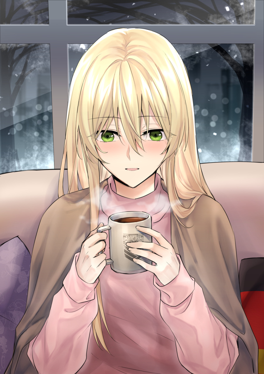 1girl bangs blonde_hair blush couch cup eyebrows_visible_through_hair german_flag girls'_frontline green_eyes grifon_&amp;_kryuger hair_between_eyes highres holding holding_cup hot_chocolate long_hair looking_at_viewer looking_down open_mouth pink_shirt plaid shirt sitting solo stg44_(girls'_frontline) suprii turtleneck upper_body window winter