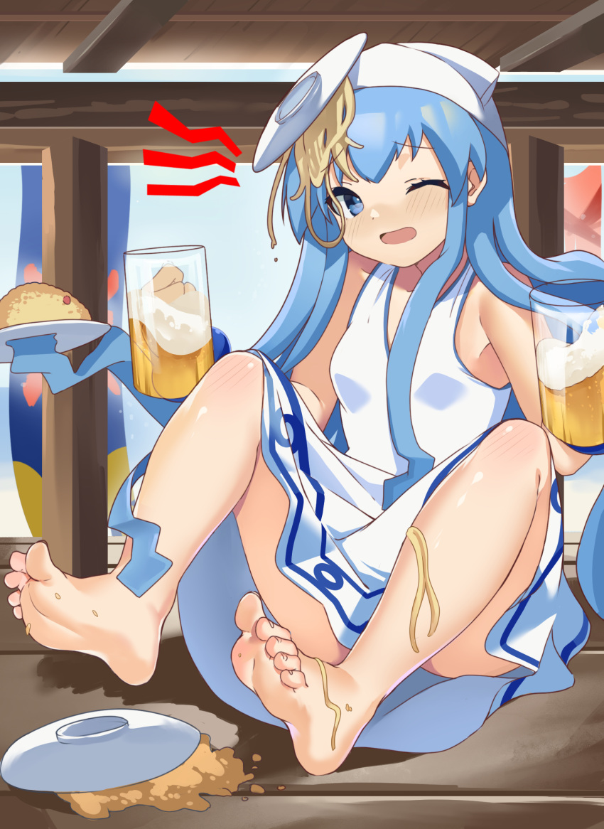 1girl alcohol barefoot beer beer_mug blue_eyes blue_hair cup feet food highres holding holding_food ikamusume mug noodles on_floor one_eye_closed open_mouth sakurami_sumi shinryaku!_ikamusume soles solo toenails toes