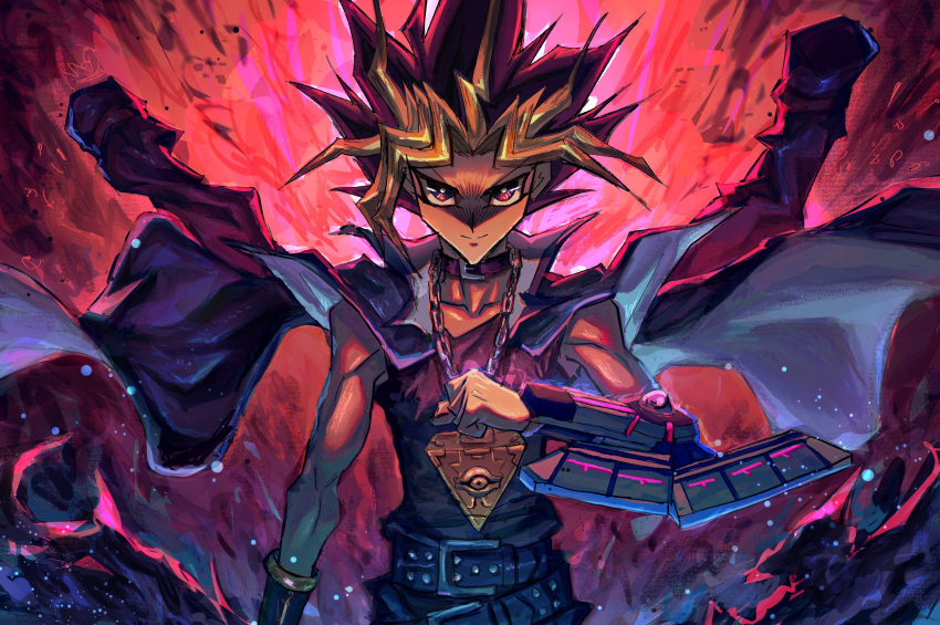 1boy absurdres belt black_hair blonde_hair clenched_hand duel_disk highres jacket jacket_on_shoulders looking_at_viewer millennium_puzzle multicolored_hair open_clothes open_jacket purple_hair red_background shirt sleeveless sleeveless_shirt smile sonic1nstinct spiked_hair upper_body yami_yuugi yu-gi-oh! yu-gi-oh!_duel_monsters yu-gi-oh!_the_dark_side_of_dimensions