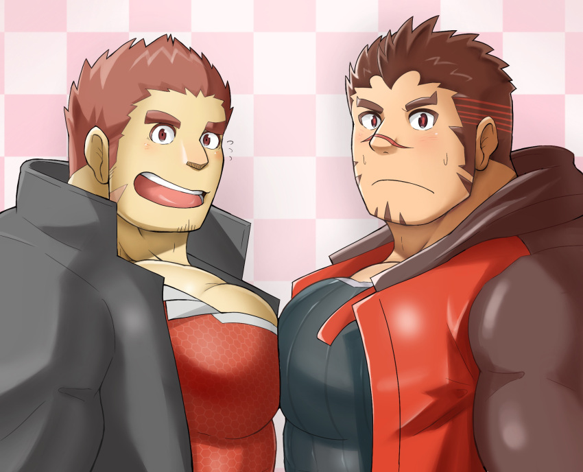 2boys :d akashi_(live_a_hero) bara brown_hair checkered_background crossover facial_hair goatee goatee_stubble highres large_pectorals live_a_hero long_sideburns looking_at_viewer male_focus multiple_boys muscular muscular_male pectoral_docking pectoral_press pectorals pink_background red_eyes red_hair scar scar_on_cheek scar_on_face scar_on_nose short_hair sideburns smile spiked_hair stubble tamamura_gunzo thick_eyebrows tokyo_afterschool_summoners yugyouhijiri