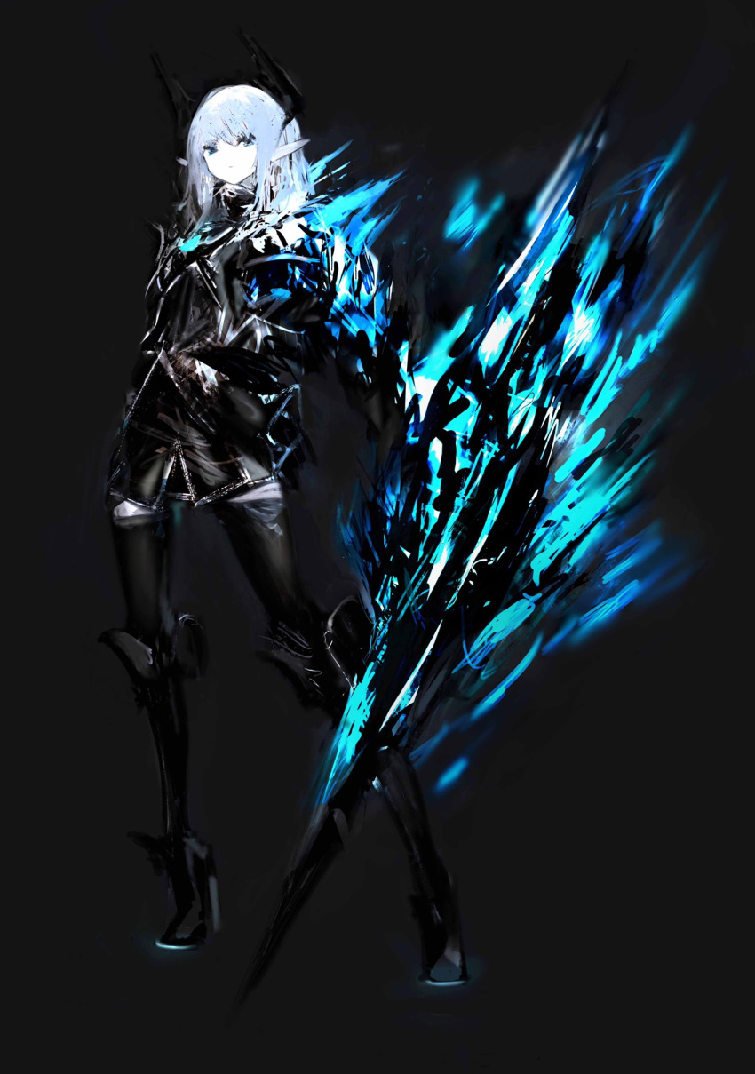 1girl arm_at_side armor black_background black_horns black_shirt black_shorts black_thighhighs blade_arm blue_eyes blue_fire blue_footwear breastplate closed_mouth colored_skin dot_mouth expressionless fire glowing glowing_weapon hair_between_eyes high_heels highres holding holding_polearm holding_weapon horns long_hair long_sleeves looking_at_viewer neon_trim original pointy_ears polearm shirt shorts sidelocks simple_background solo spear thighhighs tuda6 weapon white_hair white_skin