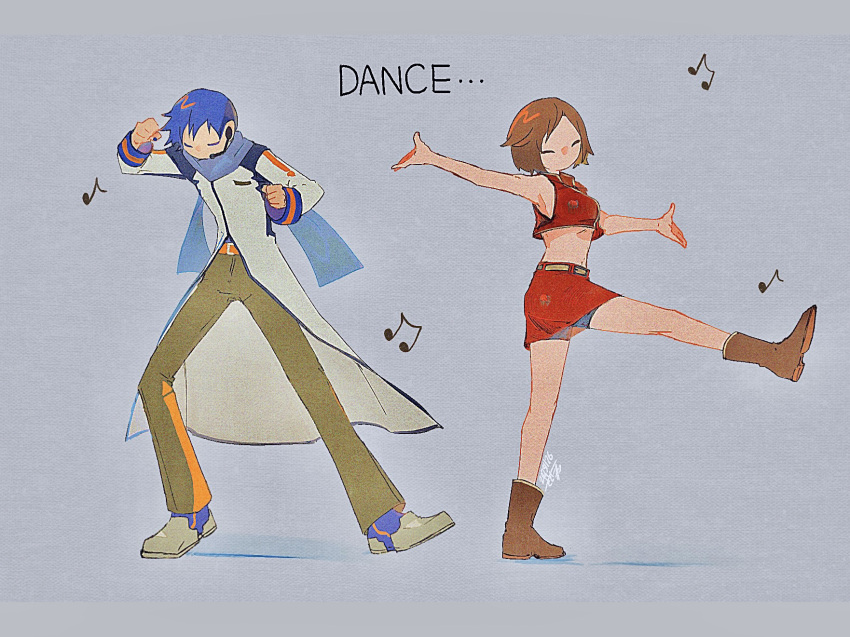 1boy 1girl black_pants blue_eyes blue_footwear blue_hair blue_scarf blush bracelet brown_eyes brown_footwear brown_hair coat crop_top dancing english_text full_body hair_between_eyes highres jewelry kaito_(vocaloid) long_sleeves meiko_(vocaloid) navel pants red_bracelet red_skirt red_vest sasatake_(sasatakebe) scarf simple_background skirt sleeveless vest vocaloid white_coat