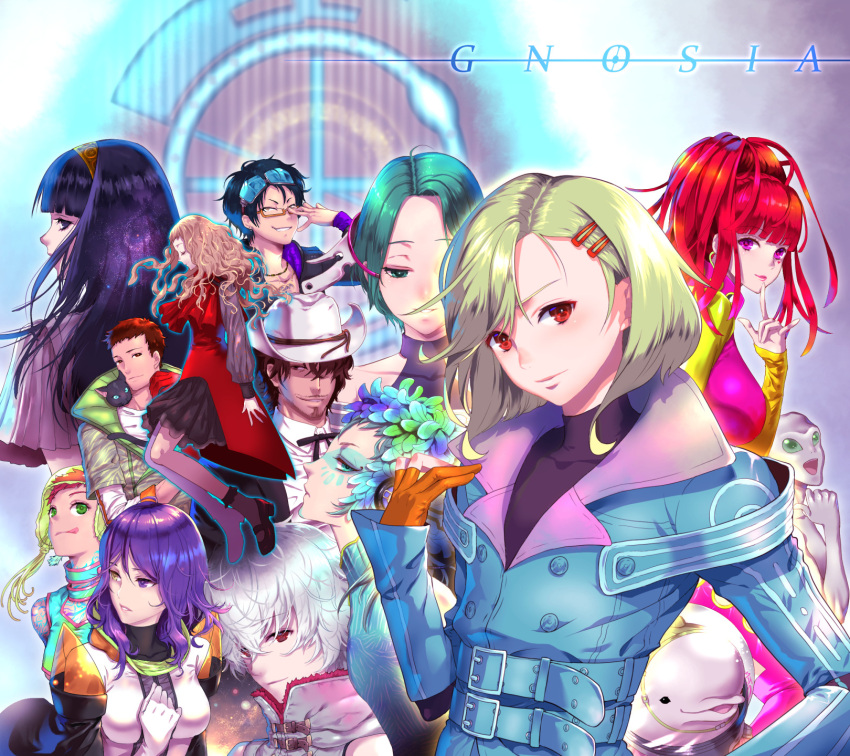 2others 5boys 6+girls black_hair blonde_hair cat chipie_(gnosia) comet_(gnosia) copyright_name everyone feathers gina_(gnosia) gnosia highres jonas_(gnosia) kukrushka_(gnosia) multiple_boys multiple_girls multiple_others one_eye_closed otome_(gnosia) p-kana purple_eyes raqio red_eyes remnan_(gnosia) setsu_(gnosia) sha-ming shigemichi short_hair sq_(gnosia) stella_(gnosia) yuriko_(gnosia)