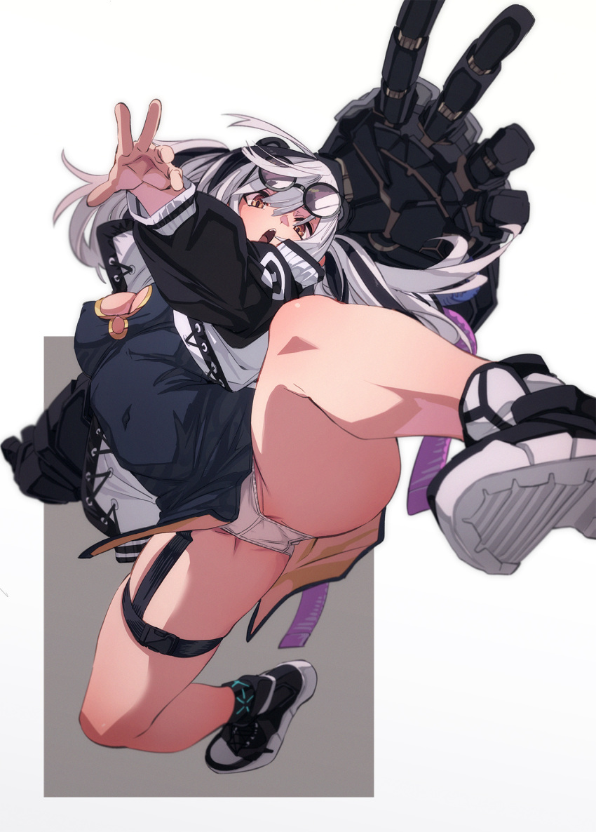 1girl arknights bare_legs black_hair black_jacket blue_dress breasts brown_eyes china_dress chinese_clothes cleavage cleavage_cutout clothing_cutout dress eyewear_on_head feater_(arknights) fu-ta full_body highres jacket long_hair long_sleeves mechanical_arms medium_breasts multicolored_hair open_clothes open_jacket open_mouth panties pantyshot pelvic_curtain shoes simple_background solo thigh_strap two-tone_hair underwear white_hair white_panties