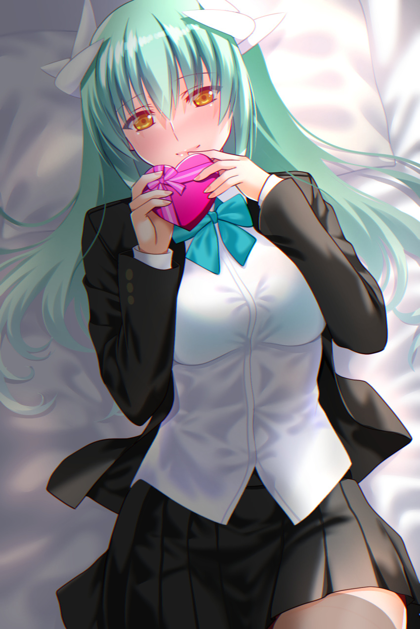 1girl alternate_costume aqua_bow aqua_bowtie black_jacket black_skirt blush bow bowtie box closed_mouth commentary_request engo_(aquawatery) fate/grand_order fate_(series) green_hair hair_between_eyes heart-shaped_box highres holding holding_box horns jacket kiyohime_(fate) lips long_hair long_sleeves looking_at_viewer lying on_bed open_clothes open_jacket pillow pink_lips pleated_skirt school_uniform shirt skirt smile solo uniform valentine white_horns white_shirt yellow_eyes