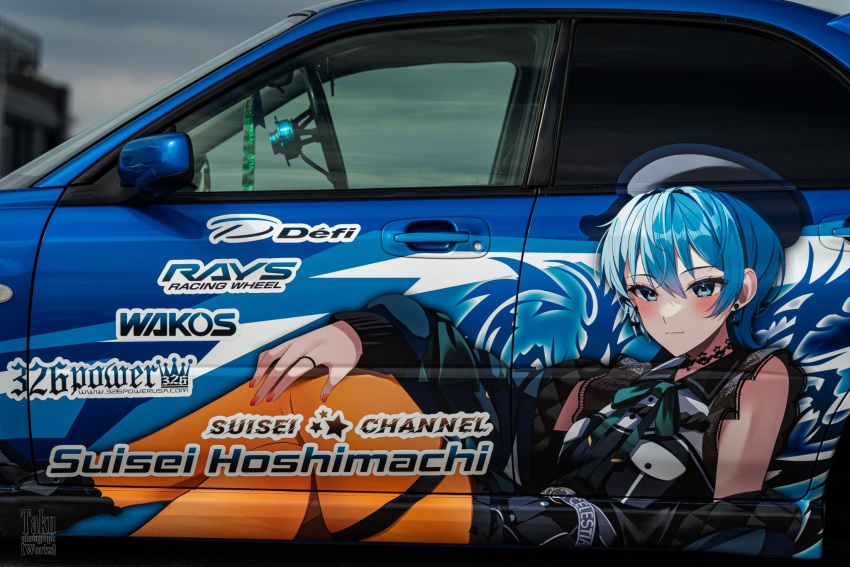 1girl belt beret black_choker black_headwear black_shirt blue_belt blue_eyes blue_hair bow car character_name choker crossed_legs earrings green_bow hair_behind_ear hand_on_own_knee hat highres hololive hoshimachi_suisei hoshimachi_suisei_(streetwear) itasha jewelry moonbell motor_vehicle official_alternate_costume orange_nails photo_(medium) ring shirt short_hair sleeveless sleeveless_shirt solo subaru_(brand) subaru_impreza virtual_youtuber