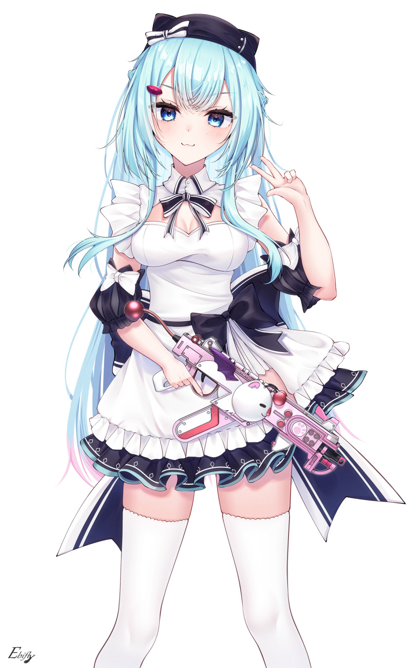1girl absurdres apex_legends artist_name black_bow black_headwear blue_eyes blue_hair blush bow breasts cleavage cleavage_cutout clothing_cutout colored_tips commission dress ebifly401 final_fantasy final_fantasy_vii final_fantasy_vii_rebirth final_fantasy_vii_remake gun hair_ornament hairclip hat hat_bow head_tilt highres holding holding_gun holding_weapon indie_virtual_youtuber long_hair looking_at_viewer medium_breasts moogle multicolored_hair pink_hair r-99_smg skeb_commission smile solo submachine_gun thighhighs trigger_discipline very_long_hair virtual_youtuber weapon white_background white_bow white_dress white_thighhighs yururi_megu