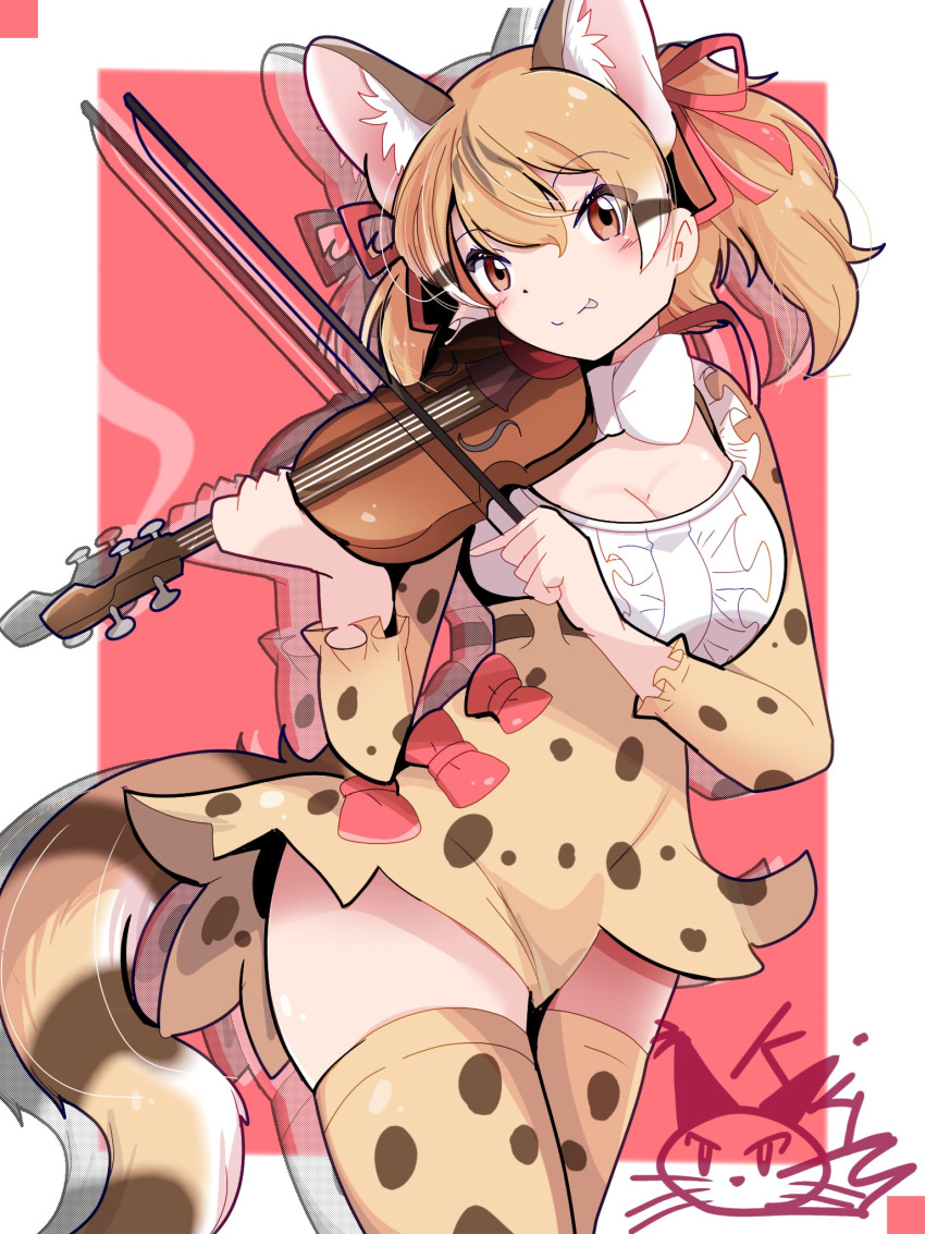 1girl animal_ears belt bow bow_(music) bowtie brown_eyes brown_hair cat_ears cat_girl cat_tail extra_ears highres instrument kemono_friends kemono_friends_v_project kiryu_(rnrwbhybsxj4qgk) large-spotted_genet_(kemono_friends) long_hair looking_at_viewer red_background ribbon shirt simple_background skirt solo tail thighhighs tongue twintails violin virtual_youtuber