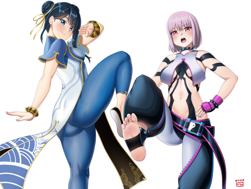 2girls artist_logo ass baggy_pants ball belt black_belt black_gloves black_hair blue_eyes blue_nails blue_pants blush bow bowtie bracelet breasts breasts_apart brown_hair china_dress chinese_clothes chun-li chun-li_(cosplay) closed_mouth collar cosplay cowboy_shot double_bun dress earrings exercise_ball feet fighting_stance finalcake fingerless_gloves flats gloves gold_ribbon gold_trim gridman_universe hair_bun hair_ribbon halterneck han_juri han_juri_(cosplay) hand_on_own_hip highres holding jewelry large_breasts leg_up lips looking_at_viewer medium_breasts multiple_girls nail_polish navel no_shoes open_mouth pants pelvic_curtain pink_hair red_eyes ribbon shinjou_akane short_hair short_sleeves simple_background skin_tight smile soles spiked_anklet spiked_bracelet spiked_collar spikes ssss.gridman standing standing_on_one_leg stirrup_legwear stomach street_fighter street_fighter_6 takarada_rikka toeless_legwear toes white_background white_dress white_pants