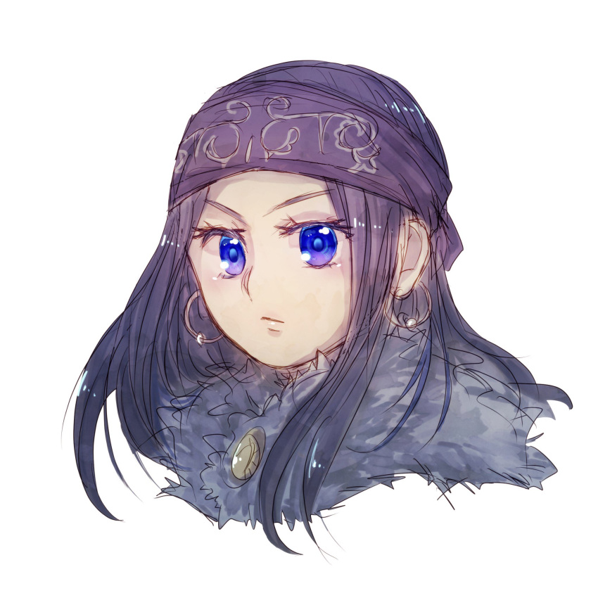 1girl asirpa ayakusa-haku blue_eyes blue_hair buttons child closed_mouth commentary_request earrings fur_collar golden_kamuy headband highres hoop_earrings jewelry long_hair looking_ahead portrait purple_hair purple_headband sidelocks simple_background solo white_background