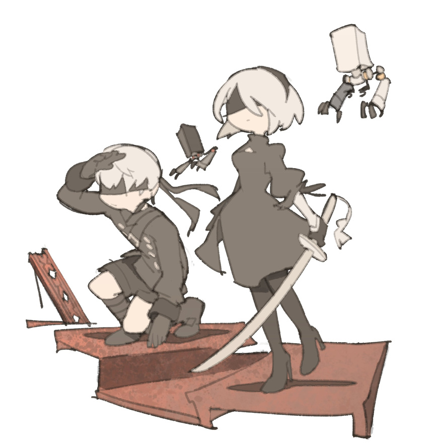1boy 1girl 2b_(nier:automata) 9s_(nier:automata) black_blindfold black_dress black_gloves black_hairband black_thighhighs blindfold boots breasts clothing_cutout covered_eyes dress gloves hairband highres juliet_sleeves leotard long_sleeves medium_breasts nier nier:automata nier_(series) pod_(nier:automata) puffy_sleeves short_hair shorts solo temmie_chang thighhighs white_hair