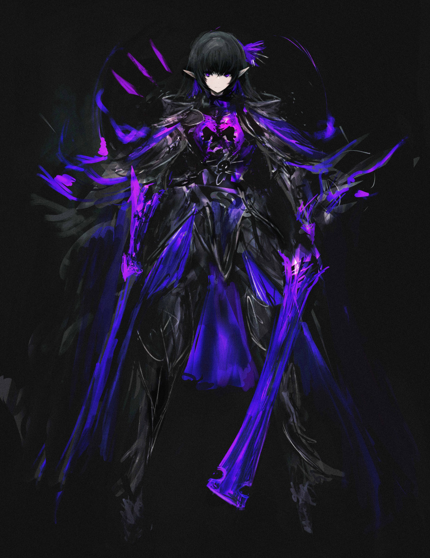 1girl :| absurdres armor black_background black_cloak black_footwear black_hair breastplate cloak closed_mouth expressionless full_body glowing glowing_sword glowing_weapon greaves highres holding holding_sword holding_weapon legs_apart long_hair looking_at_viewer open_cloak open_clothes original pointy_ears purple_eyes shoes sidelocks simple_background solo standing straight-on straight_hair sword tuda6 vambraces weapon