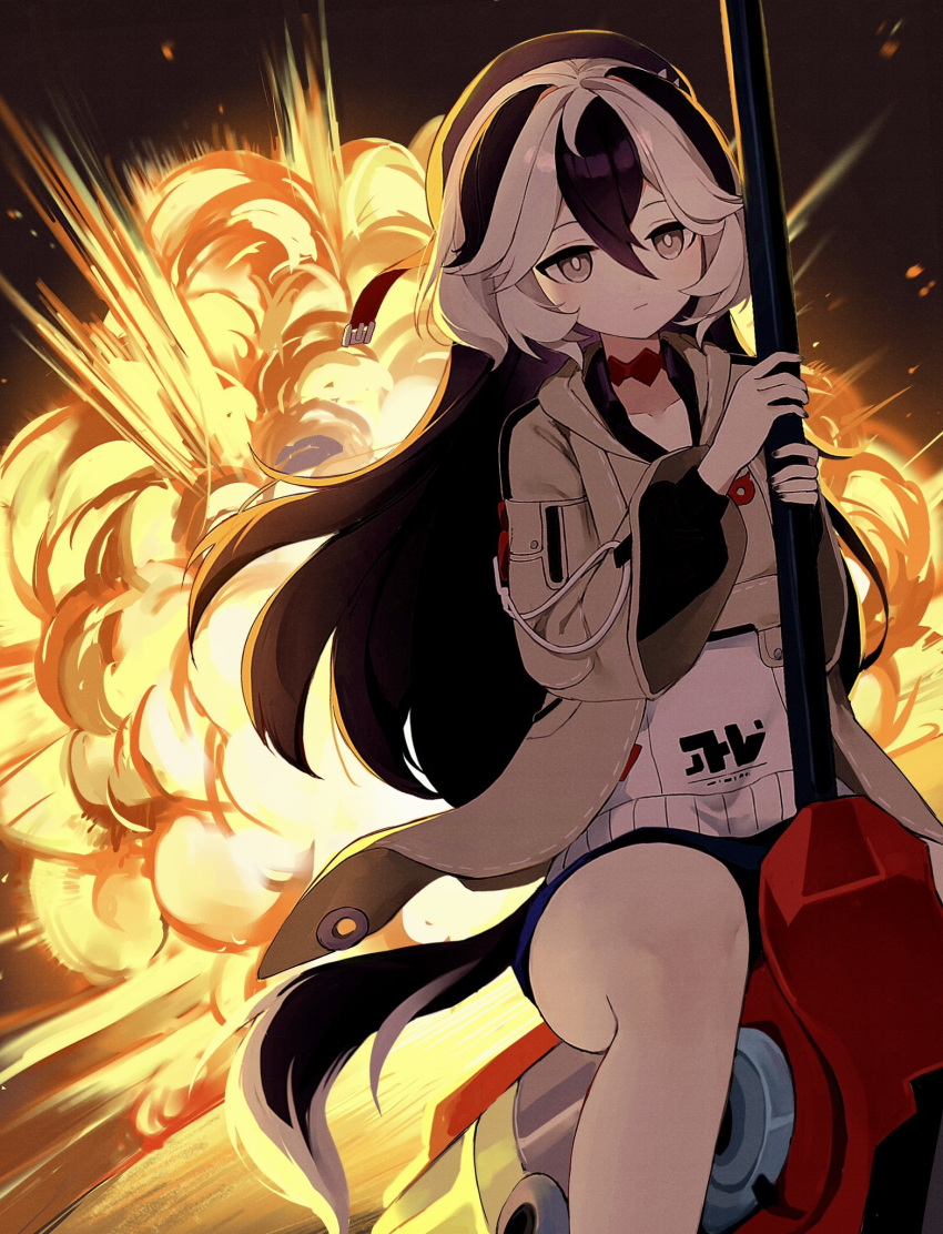 1girl :| beret black_hair black_headwear black_shorts blush choker closed_mouth collarbone coralie_(honkai_impact) dutch_angle explosion expressionless feet_out_of_frame floating_hair grey_eyes grey_jacket hammer hat highres holding holding_hammer honkai_(series) honkai_impact_3rd hood hood_down hooded_jacket jacket long_hair looking_ahead multicolored_hair nirako_mona open_clothes open_jacket red_choker riding shirt shorts sitting solo two-tone_hair white_hair white_shirt
