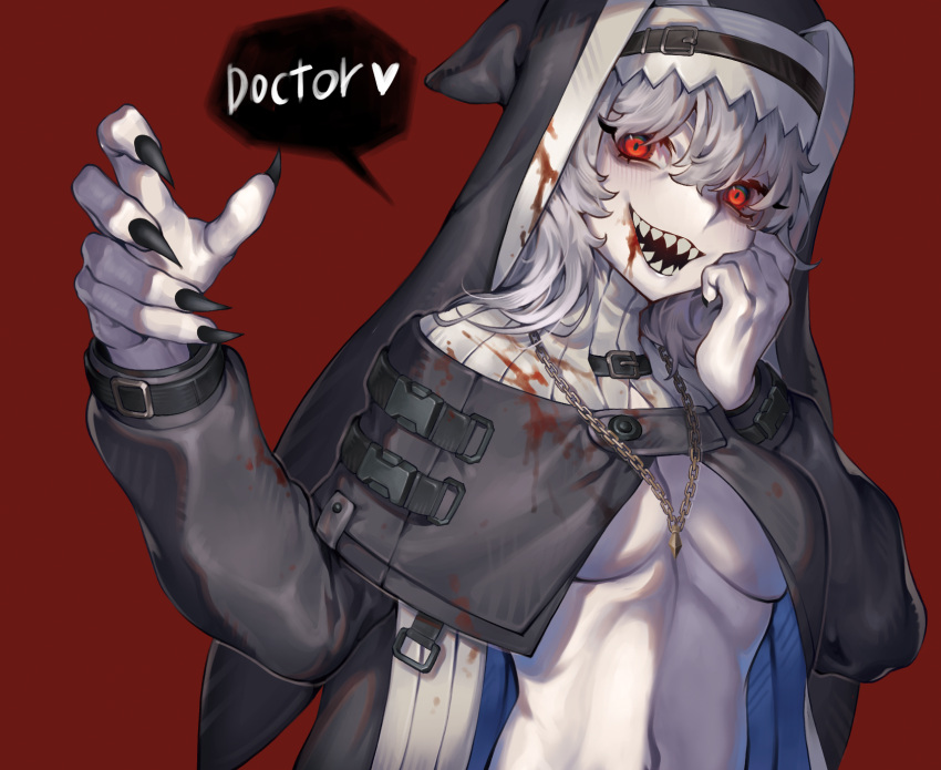 1girl arknights black_jacket black_nails black_veil blood blood_in_mouth blood_on_clothes blood_on_face blush breasts breasts_apart buckle coif commentary english_text evil_grin evil_smile fingernails grey_hair grin habit hair_between_eyes hair_flowing_over hand_on_own_cheek hand_on_own_face hands_up heart high_collar highres jacket jewelry long_fingernails long_sleeves looking_at_viewer medium_breasts medium_hair mwomwomwo nail_polish naked_jacket navel necklace nun off_shoulder open_clothes open_jacket open_mouth pale_skin puffy_long_sleeves puffy_sleeves reaching reaching_towards_viewer red_background red_eyes ribs shadow sharp_fingernails sharp_teeth simple_background skinny smile snap-fit_buckle solo specter_(arknights) speech_bubble standing teeth two-sided_fabric two-sided_jacket underboob upper_body veil