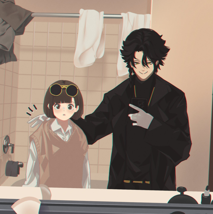 1boy 1girl bathroom black_hair brown_hair carrying carrying_person character_request eyewear_on_head glasses gloves green_eyes highres holding holding_phone looking_at_viewer original phone real_life reflection selfie sunglasses tama_gotoh white_gloves yoruny