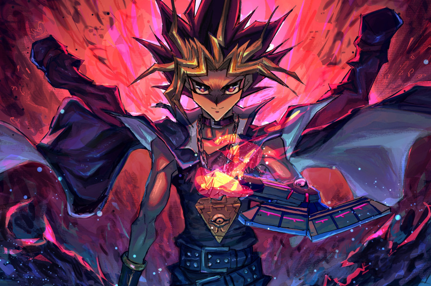 1boy absurdres belt black_hair blonde_hair clenched_hand duel_disk fire highres jacket jacket_on_shoulders looking_at_viewer millennium_puzzle multicolored_hair open_clothes open_jacket purple_hair red_background shirt sleeveless sleeveless_shirt smile sonic1nstinct spiked_hair upper_body yami_yuugi yu-gi-oh! yu-gi-oh!_duel_monsters yu-gi-oh!_the_dark_side_of_dimensions