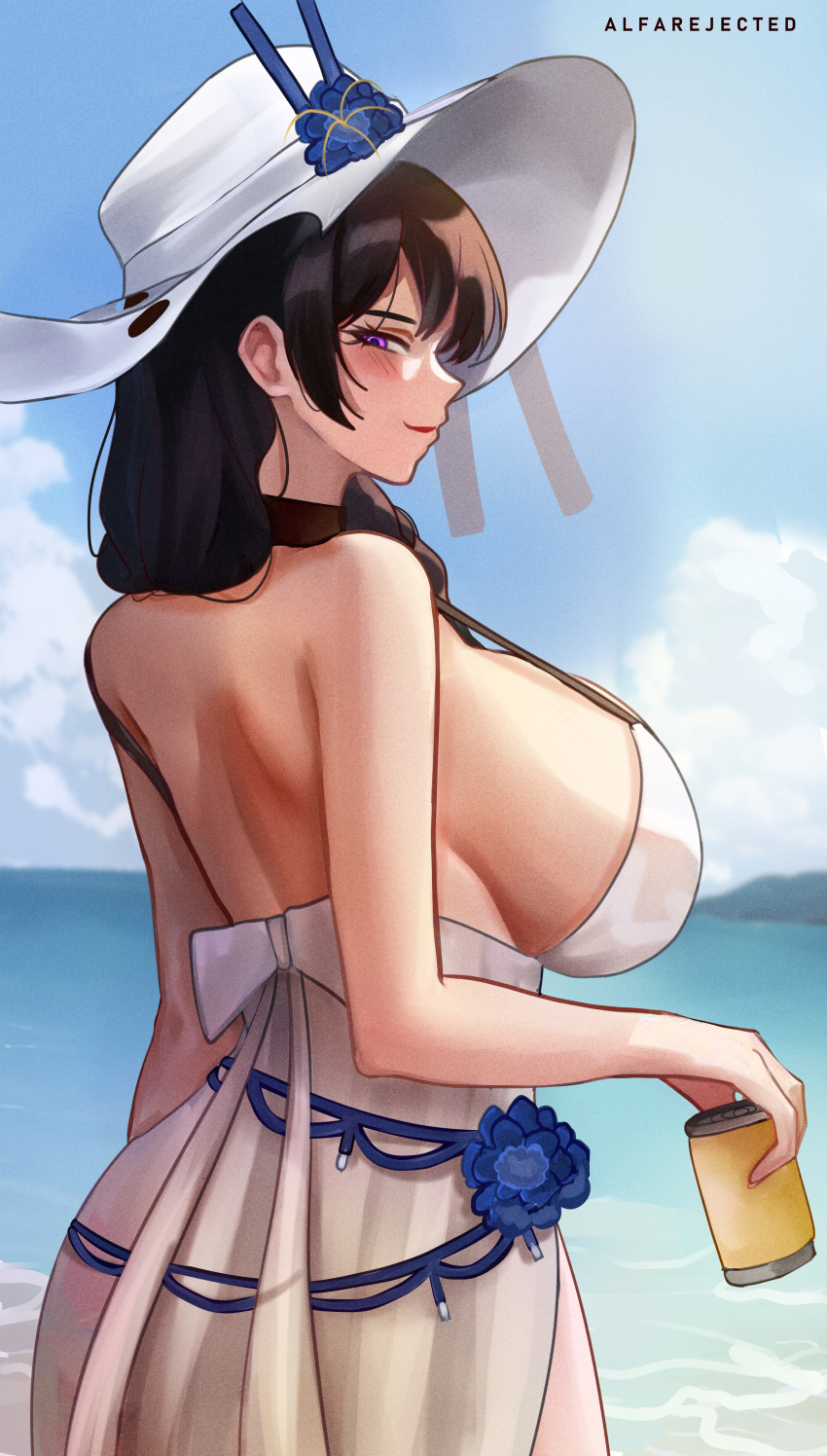 1girl absurdres alfarejected artist_name beach bikini blue_flower blush braid braided_ponytail breasts brown_hair closed_mouth day flower from_side goddess_of_victory:_nikke hair_over_shoulder hat hat_flower highres holding huge_breasts large_hat long_hair looking_at_viewer mary_(bay_goddess)_(nikke) mary_(nikke) ocean official_alternate_costume outdoors purple_eyes sideboob smile solo sun_hat swimsuit swimsuit_cover-up unusually_open_eyes water white_bikini white_headwear