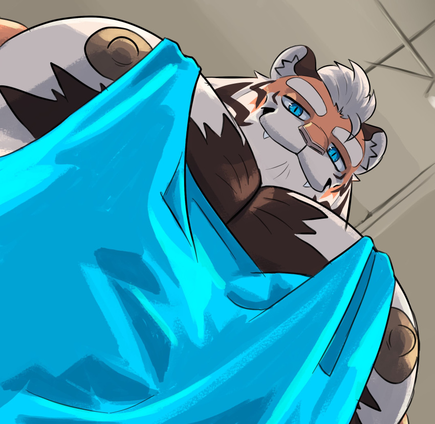 1boy :3 animal_ears bara blue_tank_top chest_tuft fangs fangs_out foreshortening furry furry_male highres large_pectorals looking_at_viewer looking_down male_focus meme muscular muscular_male nipple_slip nipples orange_fur original pectoral_cleavage pectoral_focus pectorals photo-referenced short_hair sidepec solo tank_top thick_chest_hair thick_eyebrows tiger_boy tiger_ears upper_body vermingeomancer white_fur yur_oc_like_this_(meme)