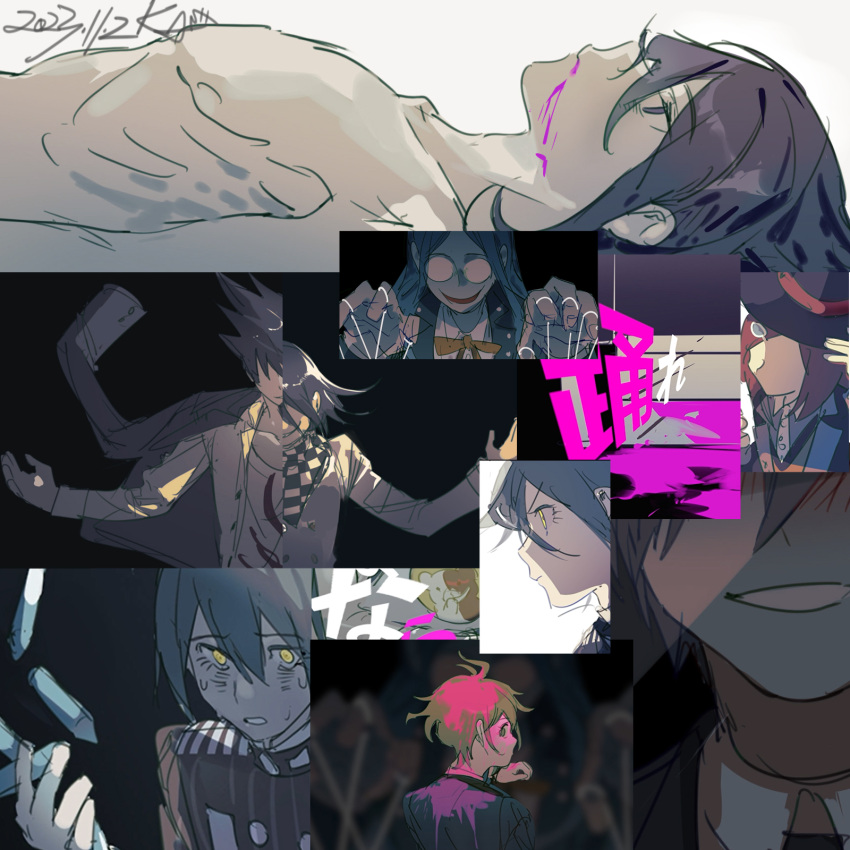 2girls 4boys ahoge blood blood_from_mouth blood_on_clothes blood_on_face blue_hair bullet checkered_clothes checkered_scarf close-up collage danganronpa_(series) danganronpa_v3:_killing_harmony dated disappearoften empty_eyes evil_grin evil_smile flipped_hair green_hair grin hair_between_eyes highres injury looking_ahead looking_at_viewer looking_back lying momota_kaito monokuma multiple_boys multiple_girls nervous_sweating oma_kokichi on_back open_mouth outstretched_arms pink_blood puppet_strings purple_eyes purple_hair red_hair round_eyewear saihara_shuichi scarf scene_reference shirogane_tsumugi short_hair sketch smile spiked_hair spread_arms sweat yellow_eyes yumeno_himiko