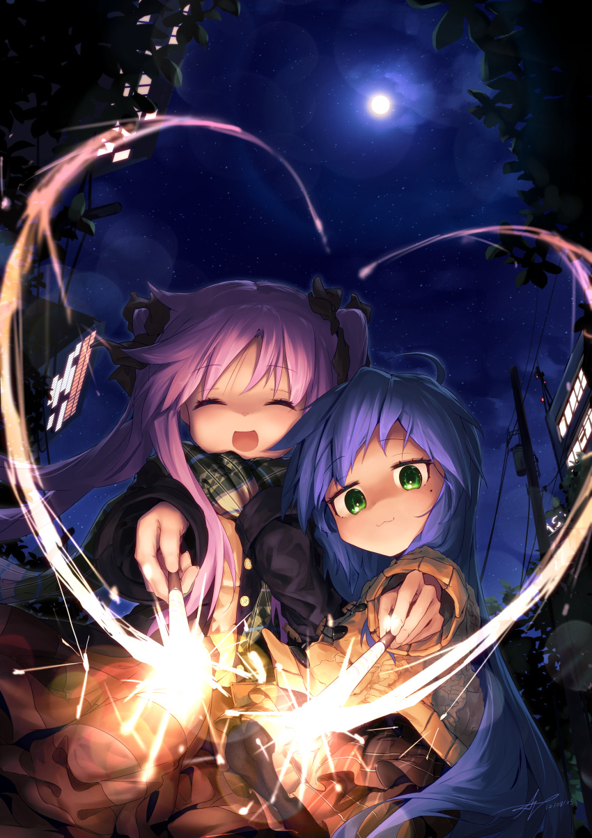 2girls :3 :d absurdres ahoge ap04astral black_bow black_coat bow brown_coat city closed_eyes coat fireworks full_moon green_eyes hair_bow happy highres hiiragi_kagami holding_fireworks izumi_konata long_hair lucky_star mole mole_under_eye moon multicolored_clothes multicolored_scarf multiple_girls night night_sky open_mouth plaid plaid_scarf plaid_skirt power_lines purple_hair scarf skirt sky smile sparkler star_(sky) starry_sky twintails utility_pole very_long_hair