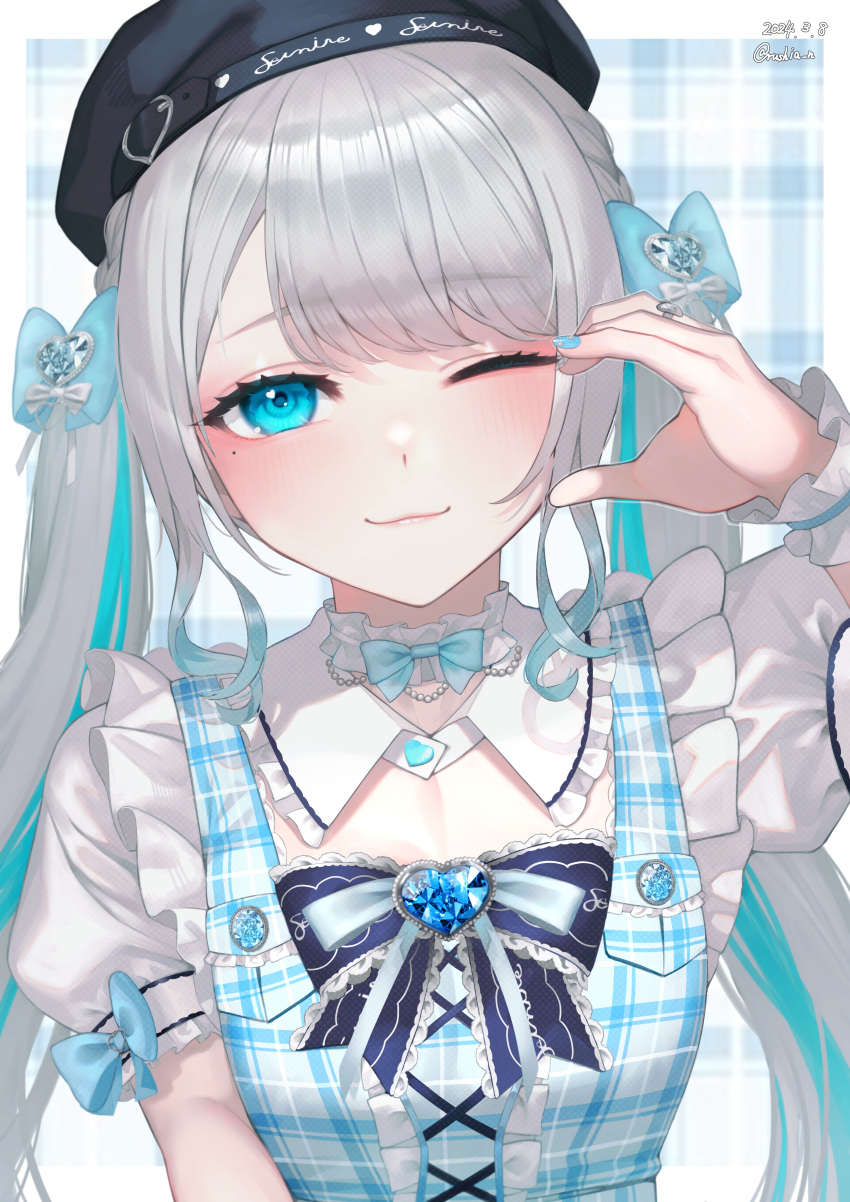 1girl absurdres aqua_bow aqua_hair aqua_nails black_bow black_headwear blue_bow blue_bowtie blue_eyes blue_gemstone bow bowtie breasts center_frills closed_mouth collar dated dress frilled_bow frilled_collar frills gem grey_hair hair_bow hat heart-shaped_gem highres jewelry kaga_sumire long_hair mole mole_under_eye multicolored_hair one_eye_closed pinafore_dress plaid plaid_dress ring rushian short_sleeves sleeveless sleeveless_dress solo streaked_hair twintails twitter_username upper_body virtual_youtuber vspo! white_collar