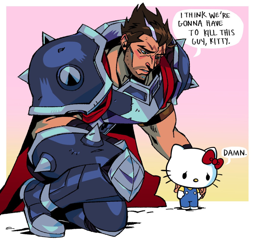 1boy 1girl armor beard bow breaking_spine brown_hair cape cat crossover darius_(league_of_legends) english_commentary english_text facial_hair hand_on_another's_back hello_kitty hello_kitty_(character) highres i_think_we're_gonna_have_to_kill_this_guy_steven_(meme) kitten league_of_legends leg_armor meme mustache no_mouth on_one_knee red_bow red_cape sad sanrio scar scar_across_eye short_hair shoulder_armor shoulder_spikes spikes talking whiskers