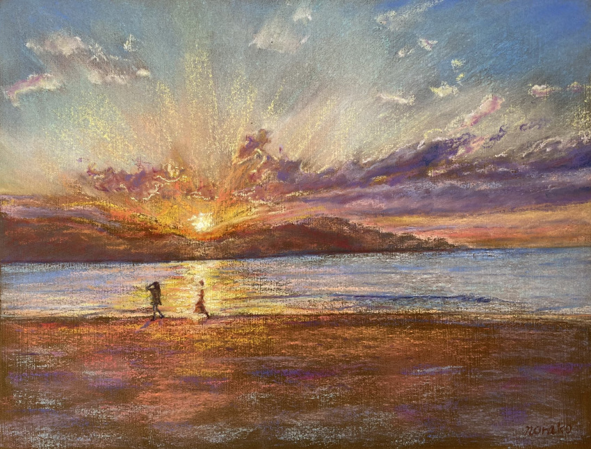 1boy 1girl beach cloud cloudy_sky highres horizon norako_pastel ocean orange_sky original painting_(medium) pastel_(medium) shadow shore sky sunrise traditional_media water