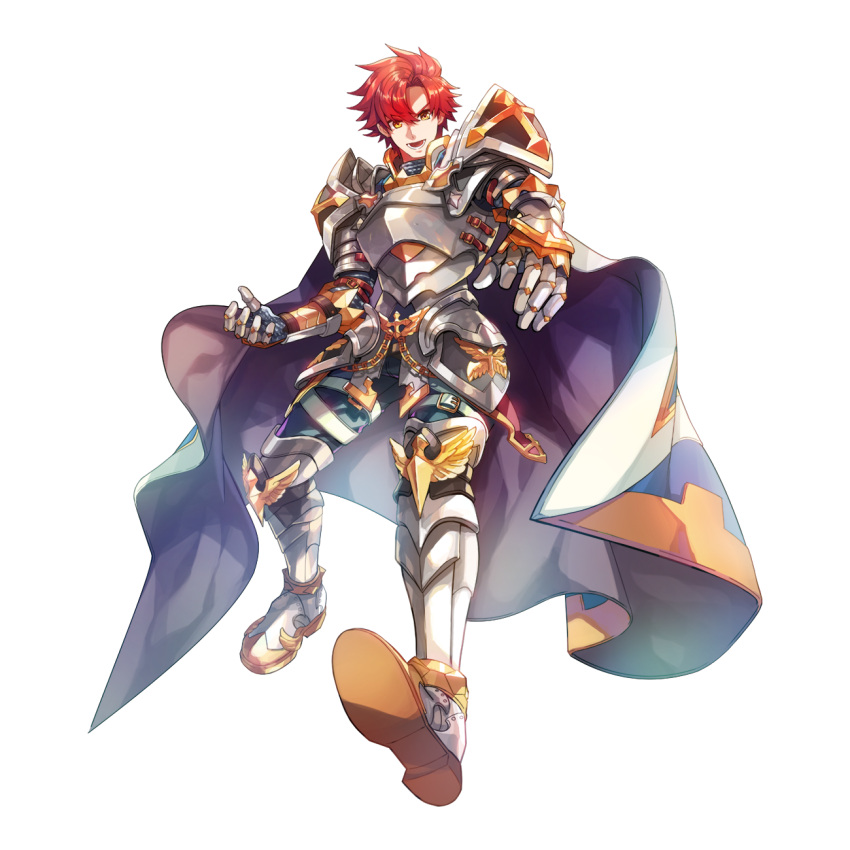 1boy armor armored_boots blue_cape boots breastplate cape cross faulds full_body gauntlets hair_between_eyes highres imperial_guard_(ragnarok_online) kicking leg_armor leona_(pixiv) looking_at_viewer male_focus medium_bangs official_art open_mouth parted_bangs pauldrons ragnarok_online red_hair short_hair shoulder_armor simple_background solo tachi-e transparent_background v-shaped_eyebrows yellow_eyes