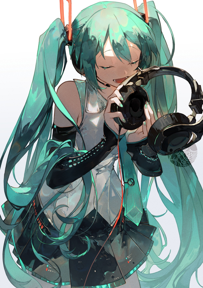 1girl absurdres aqua_hair aqua_necktie black_skirt closed_eyes colored_eyelashes detached_sleeves green_nails hair_between_eyes hatsune_miku headphones highres holding holding_headphones long_hair miku_day necktie open_mouth pleated_skirt rindo_karasuba shiny_clothes shirt skirt solo twintails upper_body very_long_hair vocaloid white_background white_shirt wire