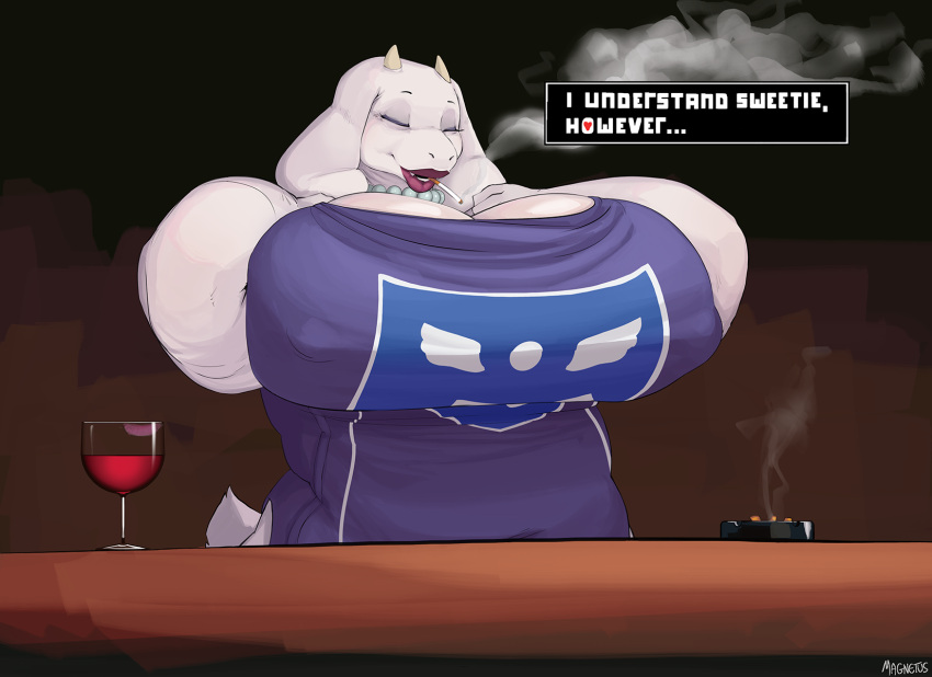alcohol anthro beverage big_breasts bovid breasts caprine cigarette container cup drinking_glass fair_argument_(meme) female glass glass_container glass_cup goat hi_res huge_breasts lips magnetus mammal mature_anthro mature_female meme mother_(lore) nipple_outline parent_(lore) scut_tail short_tail smoking smoking_cigarette solo tail toriel undertale_(series) wine wine_glass
