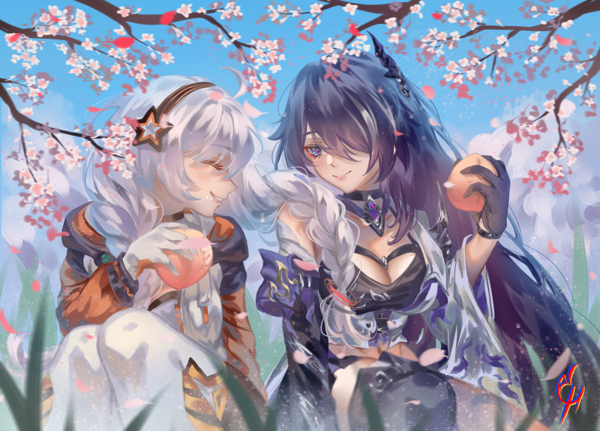 2girls ^_^ acheron_(honkai:_star_rail) ahoge black_choker black_gloves black_hairband blue_eyes blue_sky braid breasts cherry_blossoms choker cleavage closed_eyes coconuthound commentary_request day food fruit gloves grin hairband highres holding holding_food holding_fruit honkai:_star_rail honkai_(series) honkai_impact_3rd kiana_kaslana long_hair mihoyo multiple_girls peach purple_hair single_bare_shoulder sky smile star_(symbol) very_long_hair white_gloves white_hair