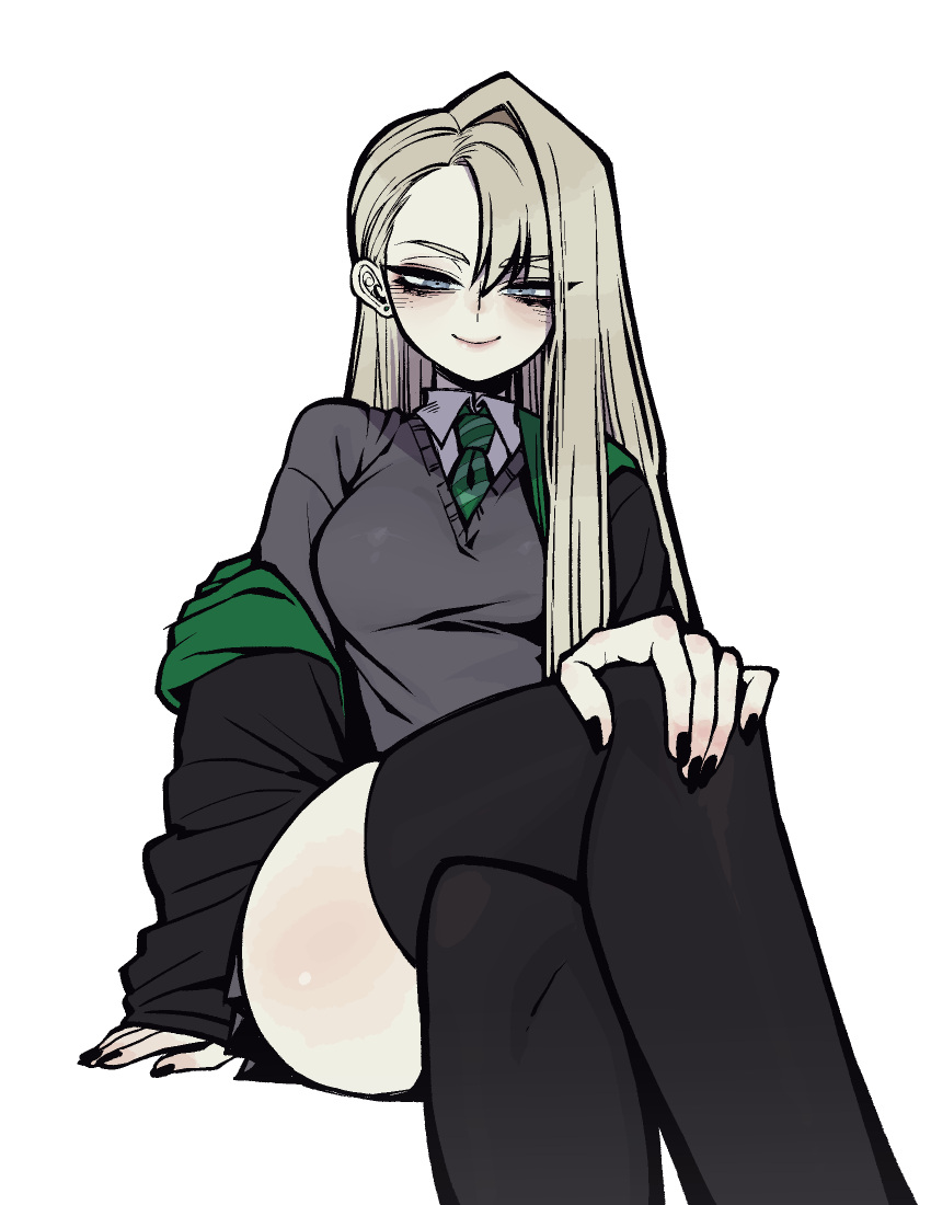 1girl black_nails breasts crossed_legs draco_malfoy english_commentary genderswap genderswap_(mtf) grey_eyes grey_hair grizz harry_potter_(series) highres long_hair looking_at_viewer medium_breasts necktie simple_background sitting smile solo thighhighs white_background wizarding_world