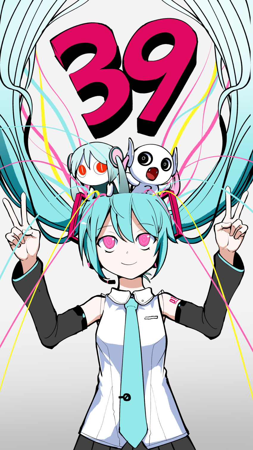 39 3girls absurdres aimaina aqua_hair closed_mouth commentary detached_sleeves double_v doushite-chan floating_hair hatsune_miku highres long_hair looking_up making-of_available miku_day multiple_girls no_mouth open_mouth party_popper pink_eyes pinocchio-p ringed_eyes sitting sitting_on_head sitting_on_person smile twintails upper_body v very_long_hair vocaloid
