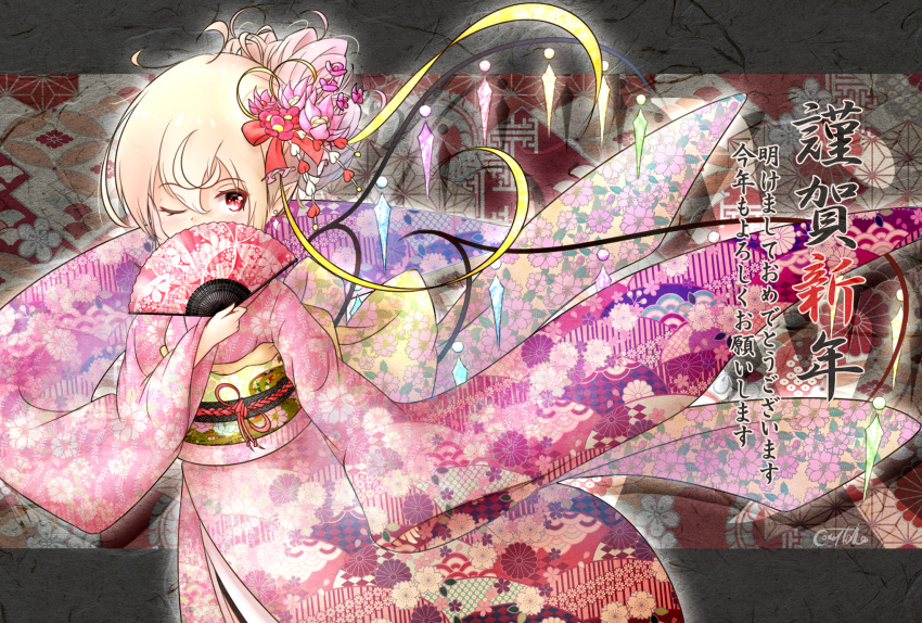 1girl 2018 artist_name blonde_hair blush bow coreytaiyo cowboy_shot crystal_wings earrings embodiment_of_scarlet_devil flandre_scarlet floral_print floral_print_kimono flower hair_bow hair_flower hair_ornament highres japanese_clothes jewelry kimono looking_at_viewer new_year one_eye_closed pink_kimono pointy_ears red_eyes short_hair signature single_earring solo touhou wings