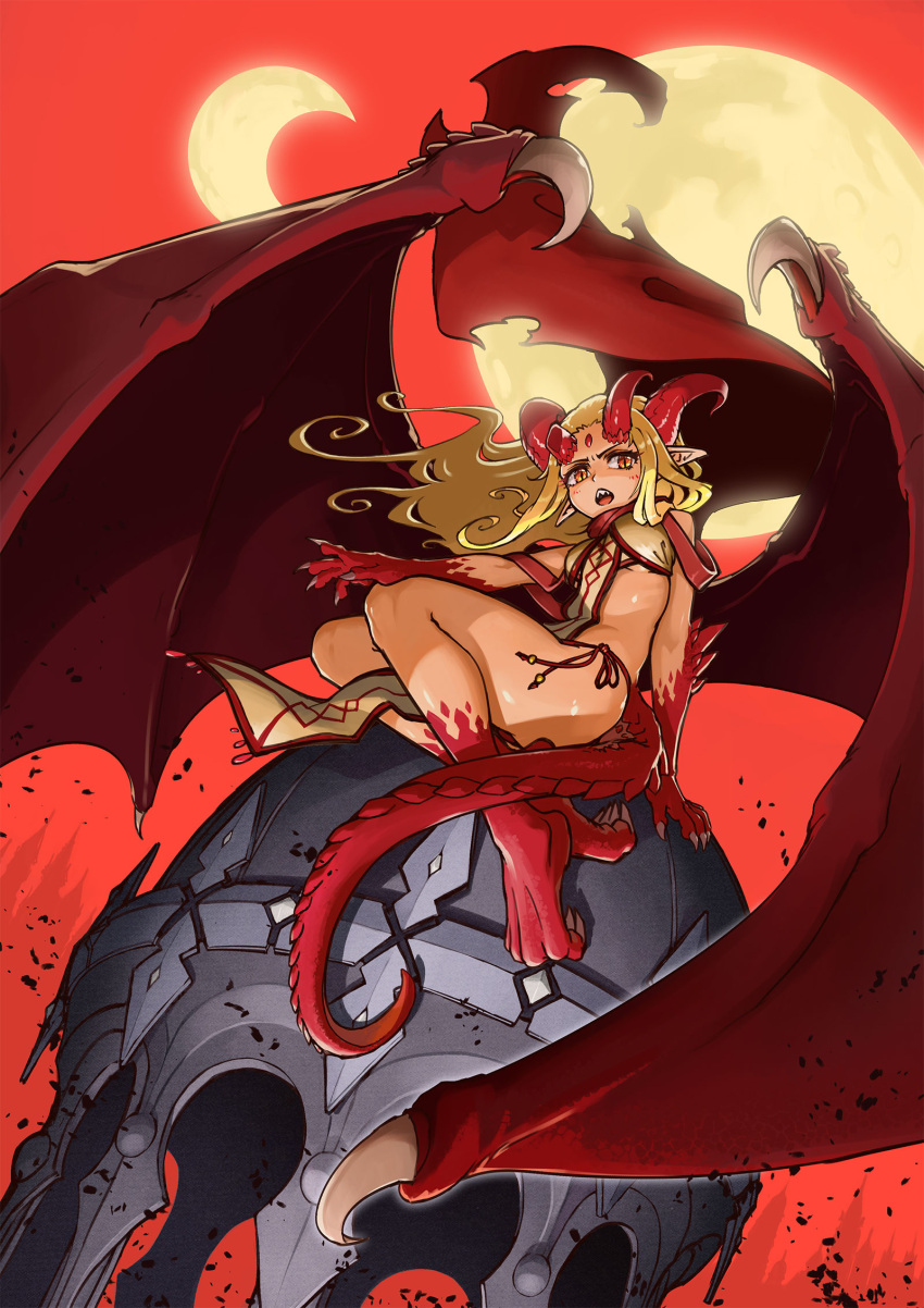 1girl blonde_hair breasts broken_horn building claws collaboration commentary_request crescent_moon demon_girl demon_horns demon_tail demon_wings forehead_jewel full_moon highres horns lack long_hair medium_breasts moon open_mouth original pelvic_curtain pointy_ears red_background revealing_clothes scales sharp_teeth sitting solo tail teeth unpopin wings