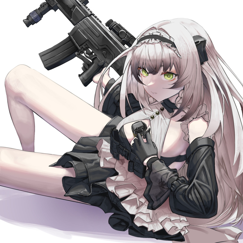 1girl ammunition_pouch aoi_wakashi_chiyo assault_rifle between_breasts black_gloves breasts cleavage_cutout clothing_cutout detached_sleeves explosive expressionless frilled_skirt frills girls'_frontline gloves gradient_hair green_eyes grenade grey_hair gun h&amp;k_hk433 hairband half_gloves headgear highres hk433_(girls'_frontline) holding holding_gun holding_weapon lolita_hairband long_hair lying multicolored_hair pouch rifle skirt trigger_discipline weapon white_background