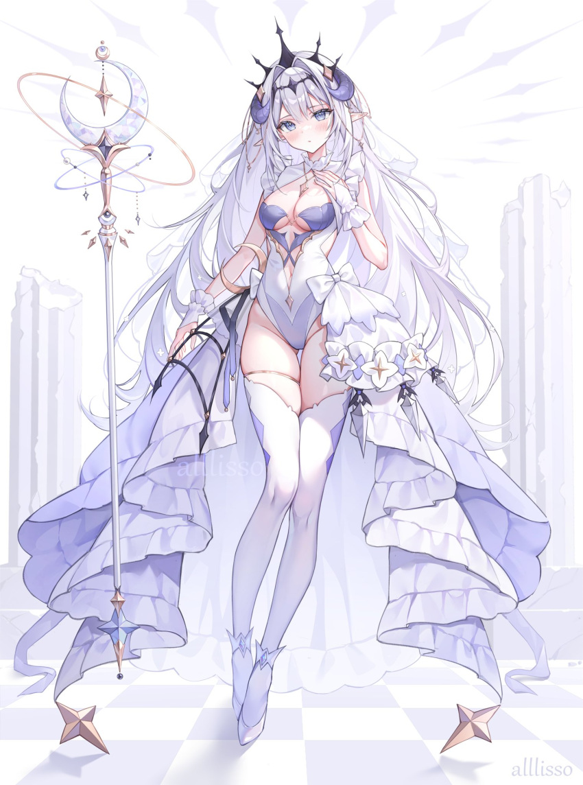1girl alllisso ass_visible_through_thighs blue_eyes blush bridal_gauntlets broken_pillar center_opening checkered_floor demon_horns dress floating floating_object frilled_dress frills full_body gathers gloves groin hair_intakes hairband hand_on_own_chest highres horns long_hair looking_at_viewer navel open_clothes open_dress original pointy_ears purple_dress revealing_clothes solo spiked_hairband spikes staff standing thighhighs thighlet twitter_username very_long_hair white_dress white_gloves white_thighhighs