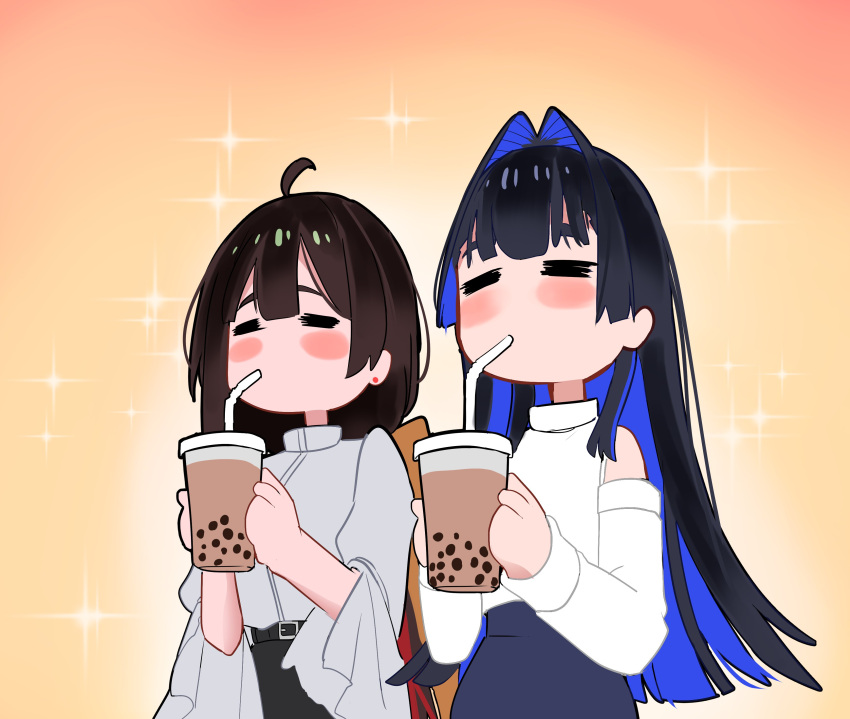 2girls =_= absurdres ahoge belt black_belt black_hair blue_hair blue_skirt blunt_bangs blunt_ends blush_stickers bubble_tea character_request closed_eyes clothing_cutout colored_inner_hair commentary cowboy_shot cup detached_sleeves disposable_cup double-parted_bangs drink drinking drinking_straw english_commentary gradient_background hair_intakes hands_up highres hime_cut holding holding_cup holding_drink hololive hololive_english koizumi_arata long_hair long_sleeves multicolored_hair multiple_girls official_alternate_costume official_alternate_hair_length official_alternate_hairstyle orange_background ouro_kronii ouro_kronii_(casual) sally_(ouro_kronii) shirt shoulder_cutout sidelocks simple_background skirt sleeveless sleeveless_turtleneck standing tea turtleneck very_long_hair virtual_youtuber white_shirt white_sleeves yellow_background