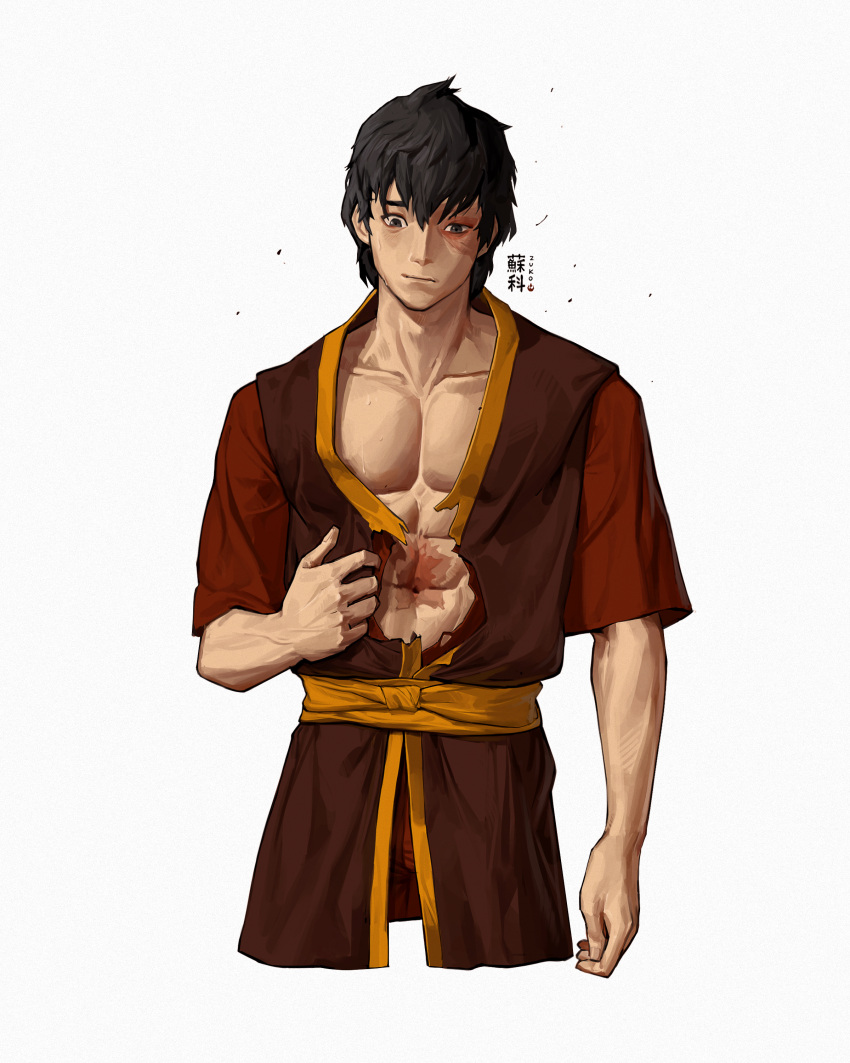 1boy abs absurdres avatar:_the_last_airbender avatar_legends black_hair brown_eyes burn_scar character_name collarbone highres male_focus muscular muscular_male open_clothes open_robe orange_sash patrick_ganas pectorals red_robe robe scar scar_across_eye scar_on_face scar_on_stomach short_hair simple_background solo torn_clothes upper_body white_background zuko