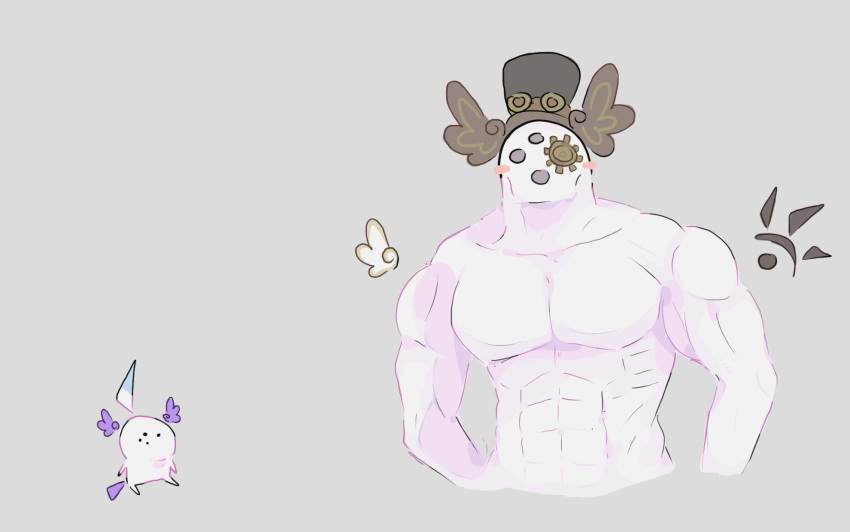 1boy 1other abs aloupeep_(enna_alouette) english_commentary extra_eyes grey_background hat head_wings highres meme muscular muscular_male nijisanji nijisanji_en simple_background top_hat unfamousradish upper_body virgin_vs_chad_(meme) wings