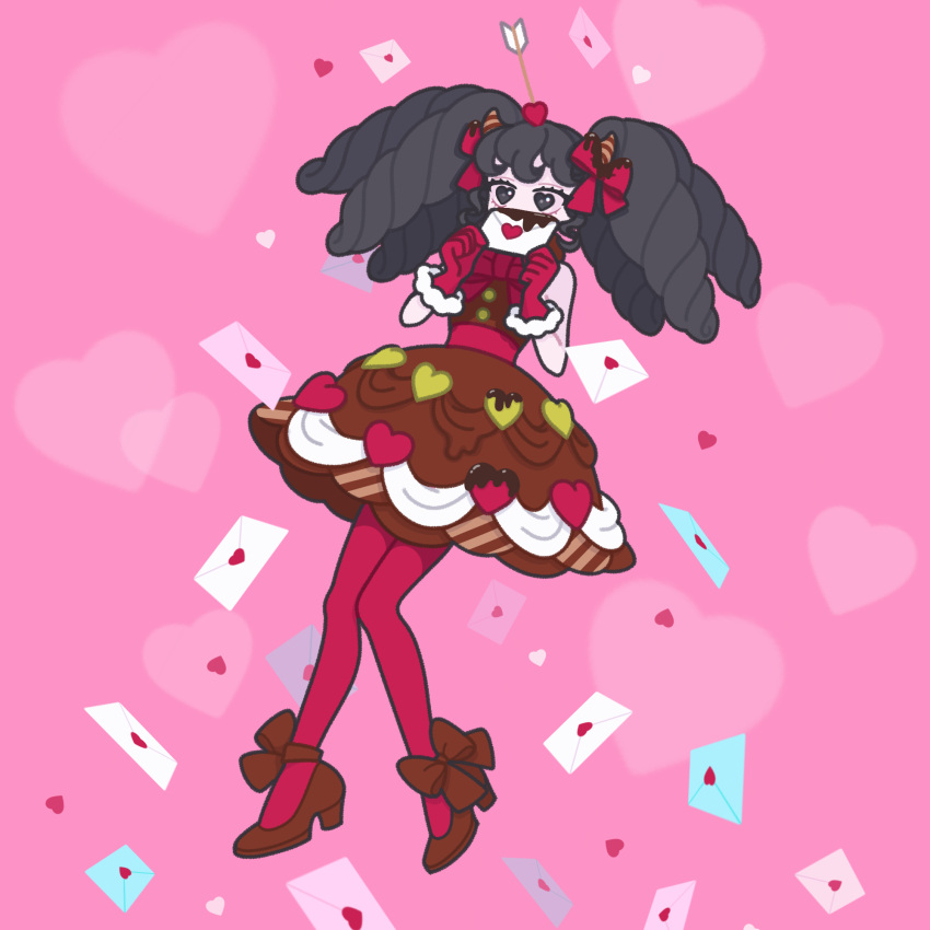 1girl arrow_(projectile) black_hair brown_dress brown_footwear chocolate dress envelope full_body gaaruru_(pripara) gloves hands_up heart heart_arrow heart_print high_heels highres holding holding_envelope long_hair looking_at_viewer love_letter nyaasechan pantyhose pink_background pretty_series pripara red_gloves red_pantyhose shoes sidelocks solo standing twintails valentine